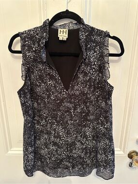 Haute Hippie Black & White Ruffle V-Neck Sleeveless Top